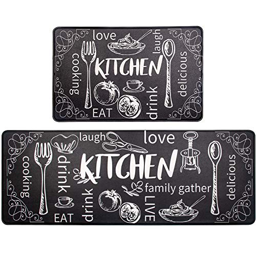 HEBE Anti Fatigue Kitchen Mat Set of 2 Non Slip Thick Cushioned Kitchen Rug Sets 2 Piece Waterproof Kitchen Runner Set Heavy Duty Comfort Standing Mats Wipeable